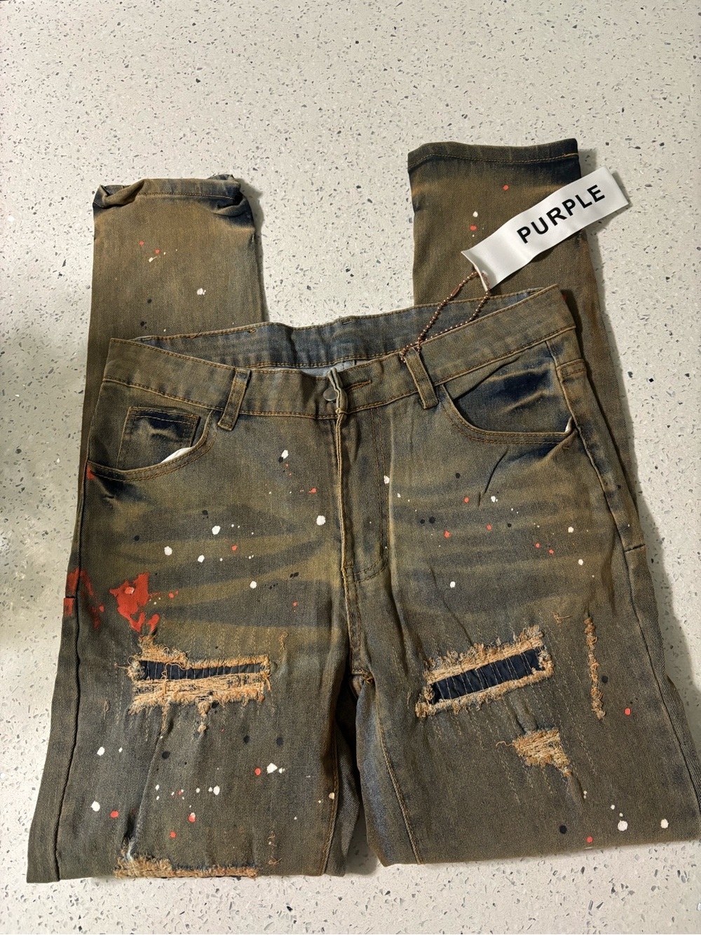PURPLE Brand Distressed Paint-Splatter Jeans - Olive/Brown